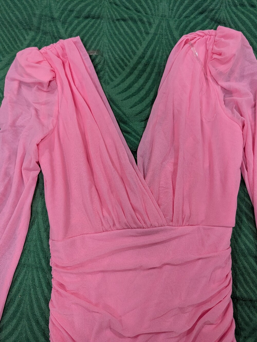 Pink Ruched Long-Sleeve Mesh Dress - Picture 3 of 4